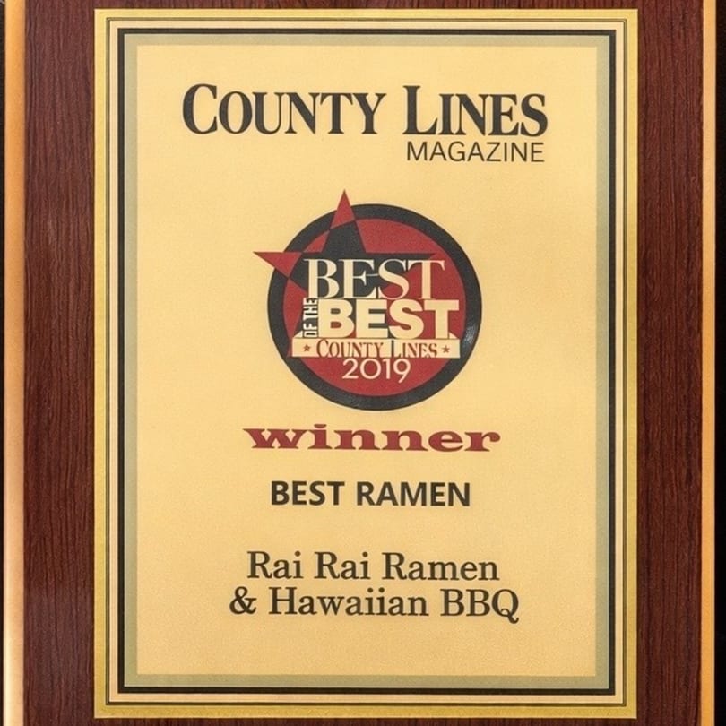 A plaque from County Lines Magazine, "Best of the Best 2019" for Rai Rai Ramen & Hawaiian BBQ.